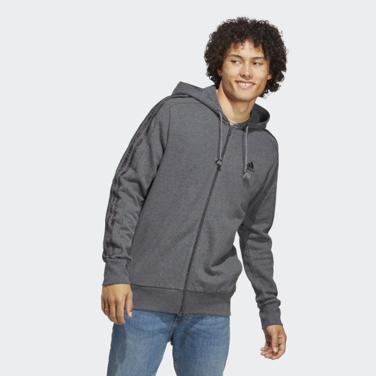 Moletom Com Capuz E Zíper Nas Três Listras Cinza Escuro Adidas Essentials French Terry