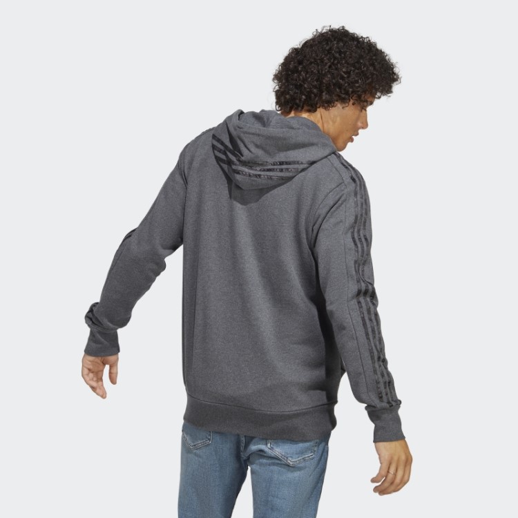 Moletom Com Capuz E Zíper Nas Três Listras Cinza Escuro Adidas Essentials French Terry