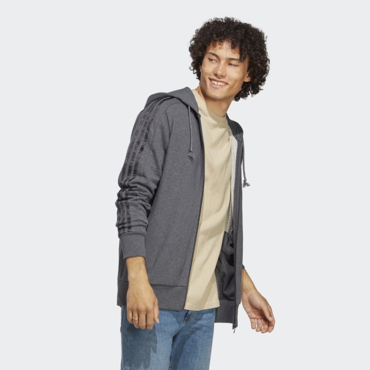 Moletom Com Capuz E Zíper Nas Três Listras Cinza Escuro Adidas Essentials French Terry