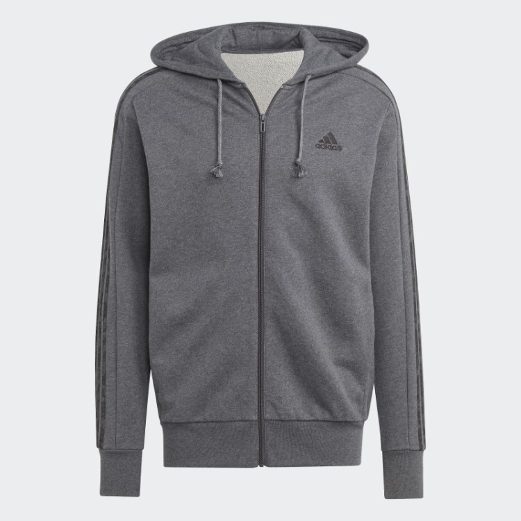 Moletom Com Capuz E Zíper Nas Três Listras Cinza Escuro Adidas Essentials French Terry