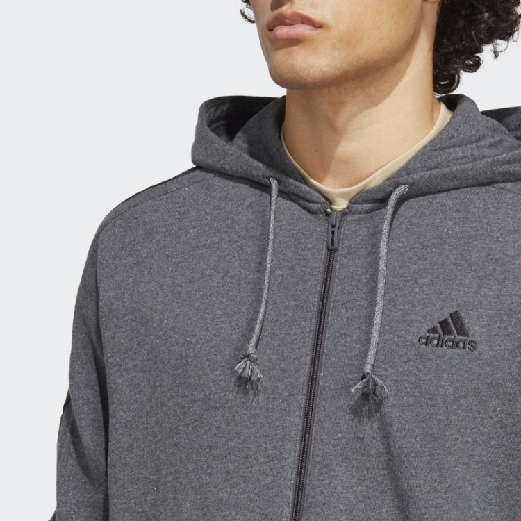 Moletom Com Capuz E Zíper Nas Três Listras Cinza Escuro Adidas Essentials French Terry