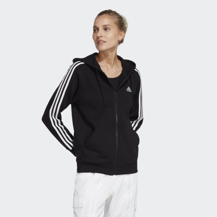 Adidas Essentials 3 Stripes French Terry Regular Com Capuz Com Zíper Completo Preto