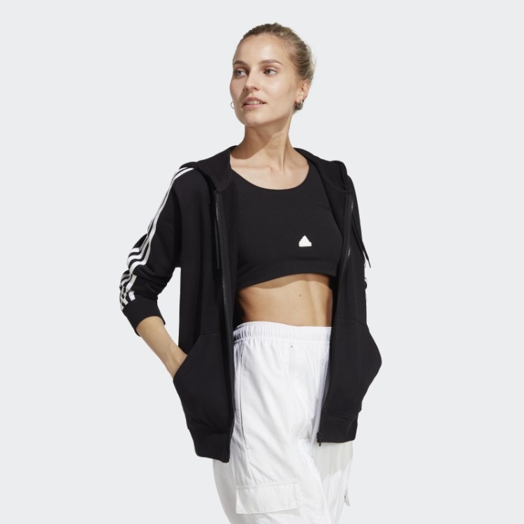 Adidas Essentials 3 Stripes French Terry Regular Com Capuz Com Zíper Completo Preto