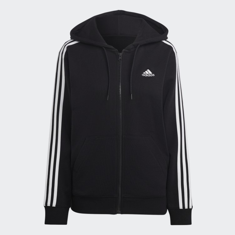Adidas Essentials 3 Stripes French Terry Regular Com Capuz Com Zíper Completo Preto