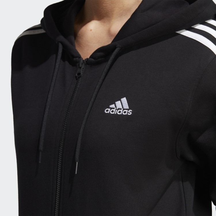 Adidas Essentials 3 Stripes French Terry Regular Com Capuz Com Zíper Completo Preto