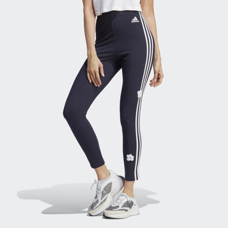 Leggings De Algodão De Cintura Alta Com Três Listras E Apliques De Flores Em Chenille Tinta Adidas
