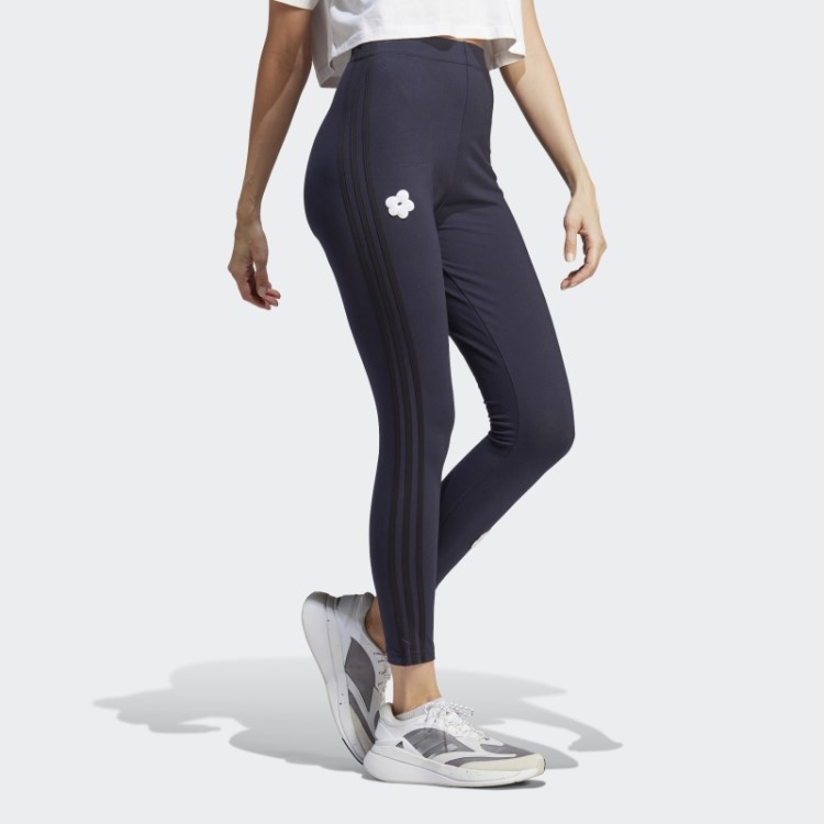 Leggings De Algodão De Cintura Alta Com Três Listras E Apliques De Flores Em Chenille Tinta Adidas