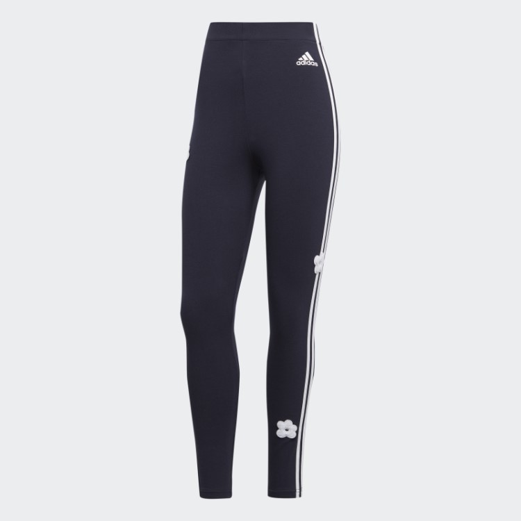 Leggings De Algodão De Cintura Alta Com Três Listras E Apliques De Flores Em Chenille Tinta Adidas