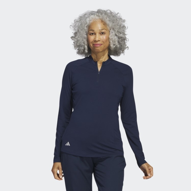 Camisa Pólo De Golfe De Manga Longa Adidas Navy Com Zíper