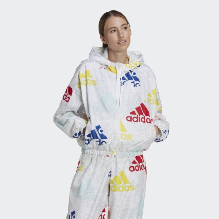 Jaqueta Corta Vento Adidas White Essentials Com Logo Multicolorido