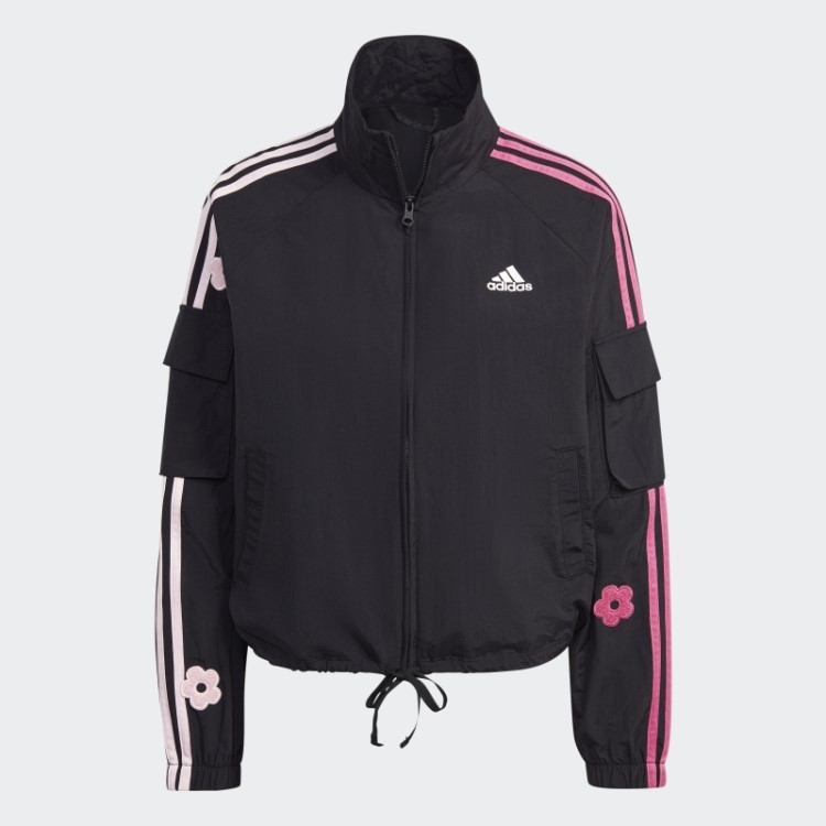 Jaqueta Leve Adidas Preta Com As Três Listras E Florzinhas Em Chenille