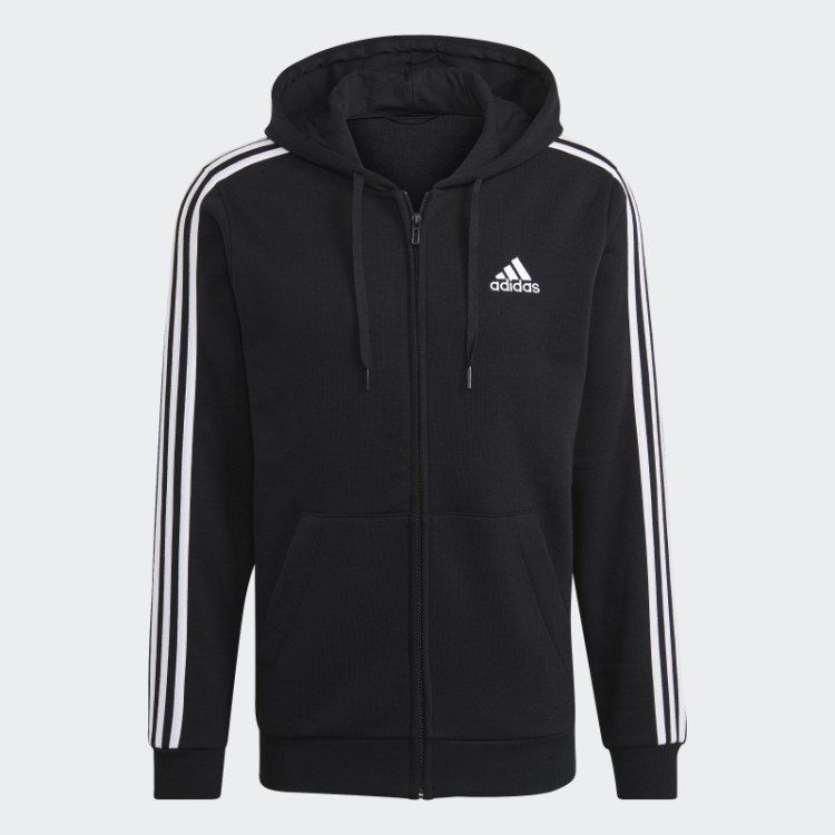 Moletom Com Capuz E Zíper Nas Três Listras Preto Essentials Da Adidas