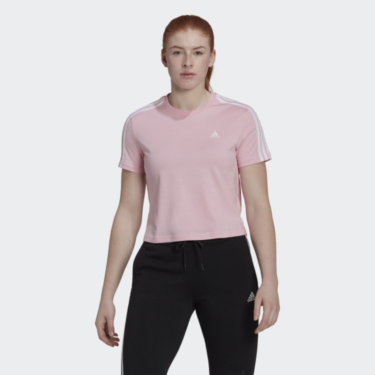 Camiseta Cropped Com As Três Listras True Pink Essentials Adidas