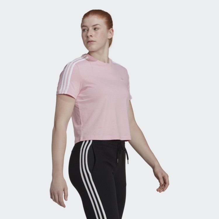 Camiseta Cropped Com As Três Listras True Pink Essentials Adidas