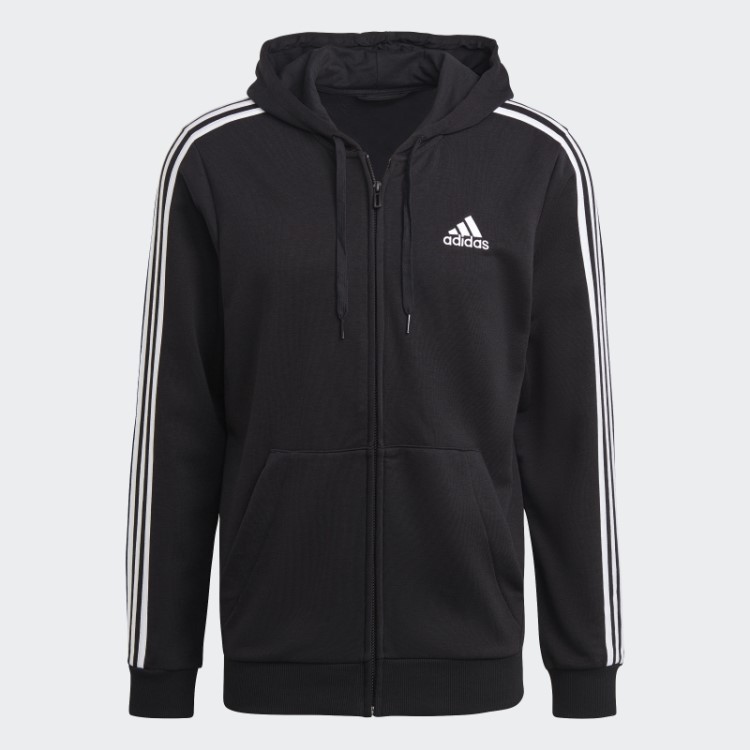Moletom Adidas Essentials French Terry Com As Três Listras E Zíper Completo Na Cor Preta