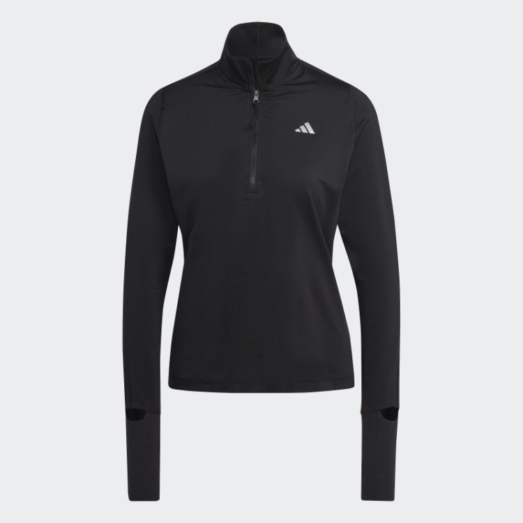 Blusa Preta De Manga Longa Com Meio Zíper E Corrida Rápida Adidas
