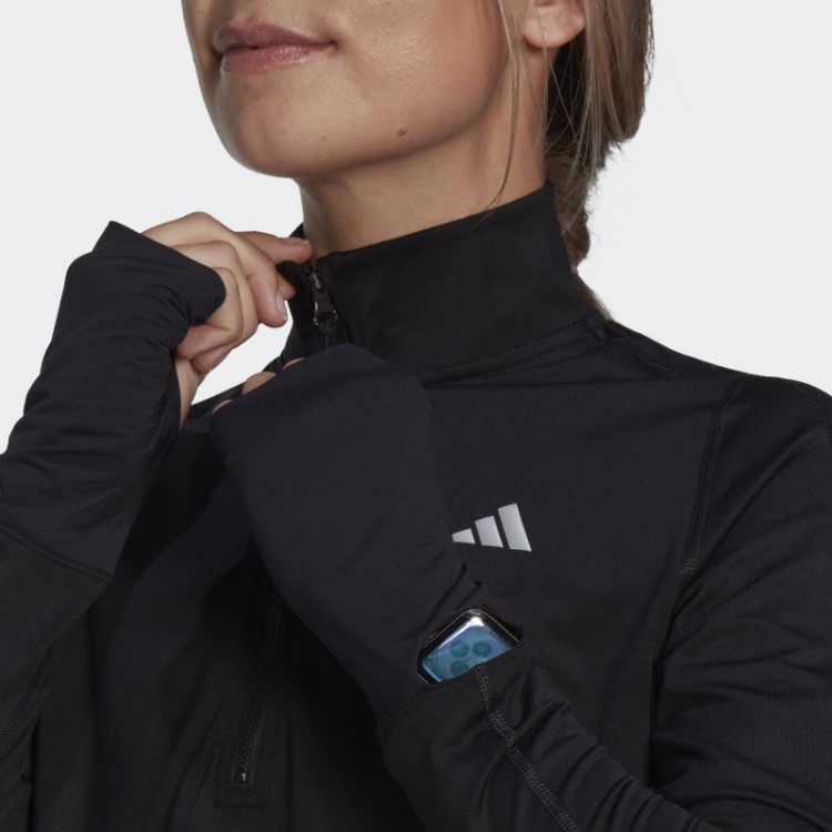 Blusa Preta De Manga Longa Com Meio Zíper E Corrida Rápida Adidas