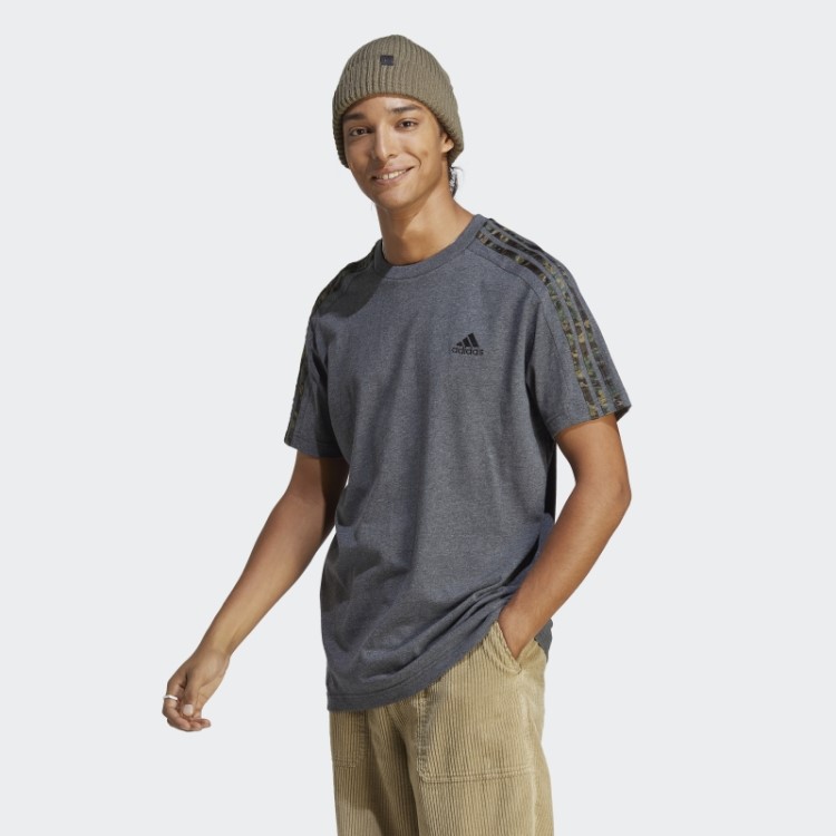 Camiseta Cinza Escuro Mescla Adidas Essentials Com As Três Listras