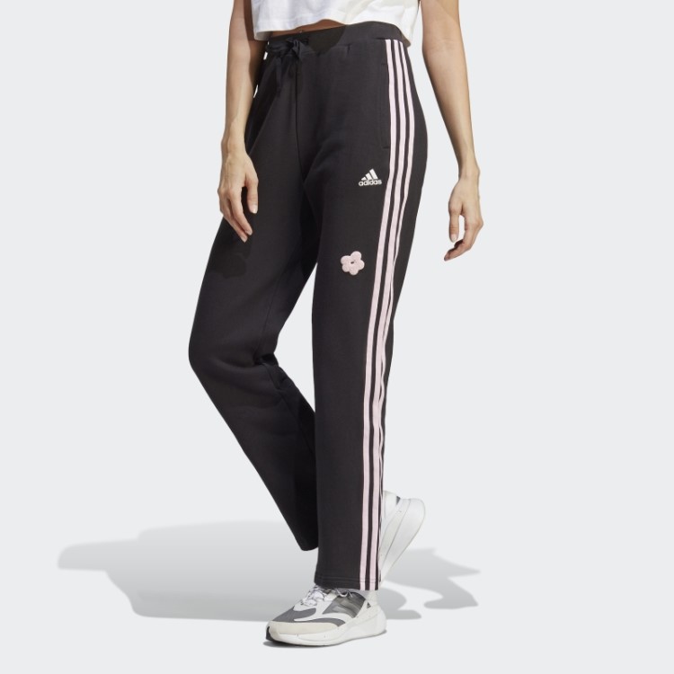 Calça Jogger Cintura Alta Com Três Listras E Apliques De Flores Em Chenille Preto Adidas