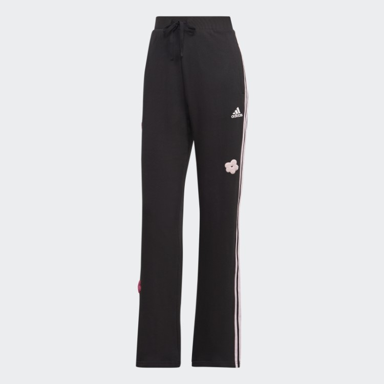 Calça Jogger Cintura Alta Com Três Listras E Apliques De Flores Em Chenille Preto Adidas