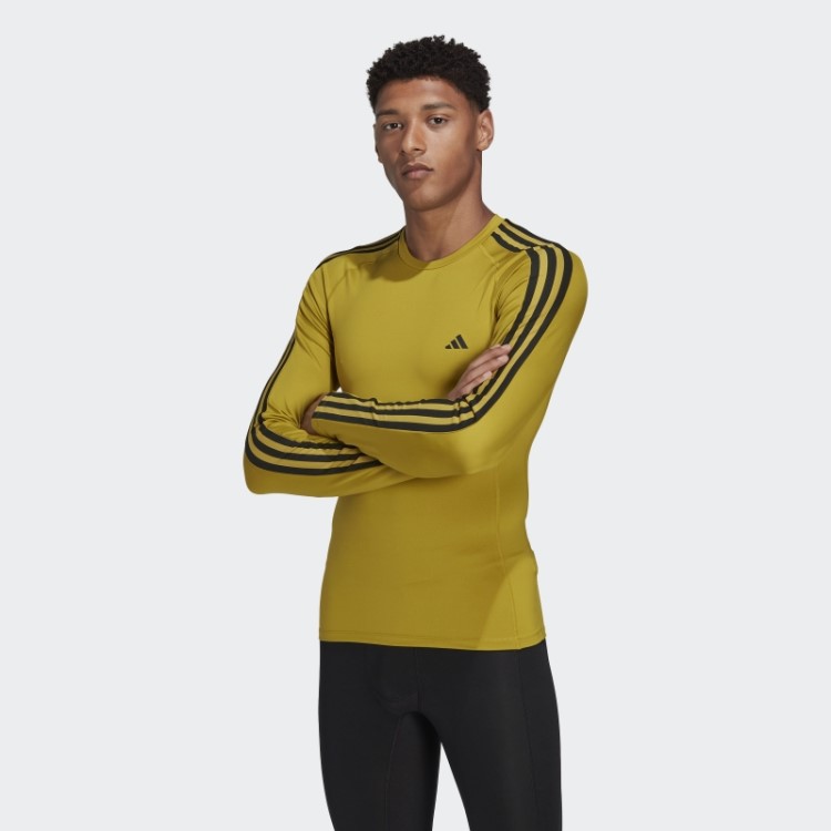 Camiseta De Manga Longa Com As Três Listras Verde-oliva Adidas Techfit