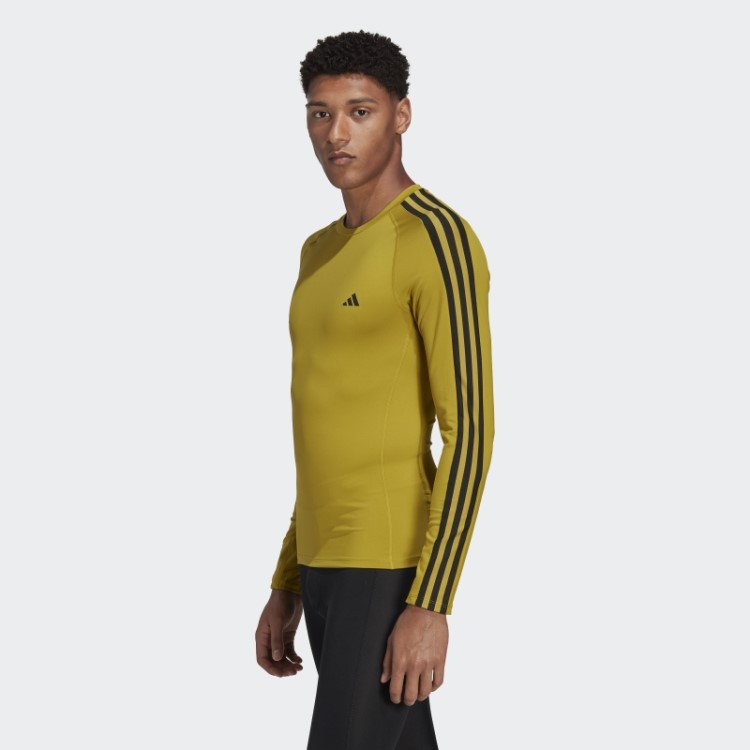 Camiseta De Manga Longa Com As Três Listras Verde-oliva Adidas Techfit