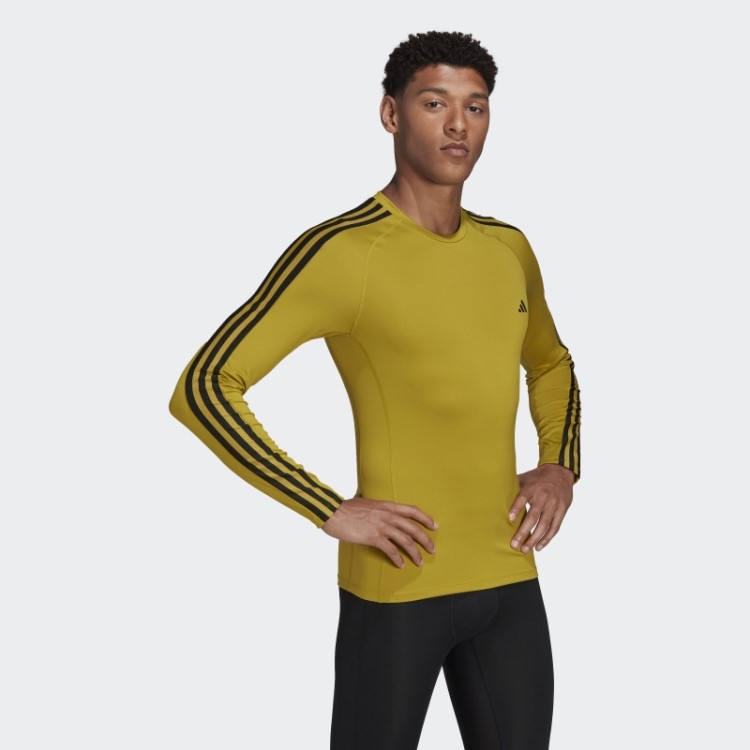 Camiseta De Manga Longa Com As Três Listras Verde-oliva Adidas Techfit