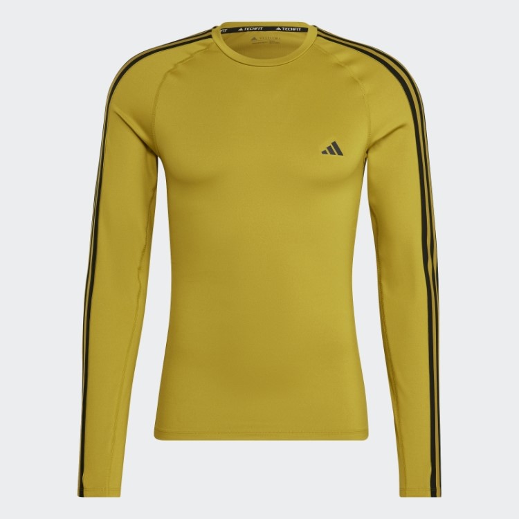Camiseta De Manga Longa Com As Três Listras Verde-oliva Adidas Techfit