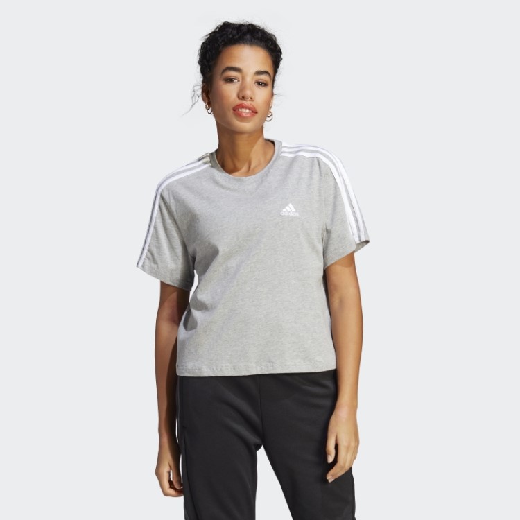 Top Cropped De Jérsei Simples Com As Três Listras Cinza Médio Adidas Essentials