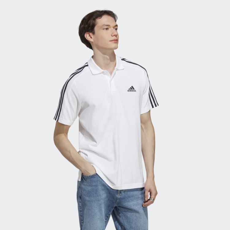 Camisa Polo Branca Com As Três Listras Em Piquet E Logo Bordado Adidas