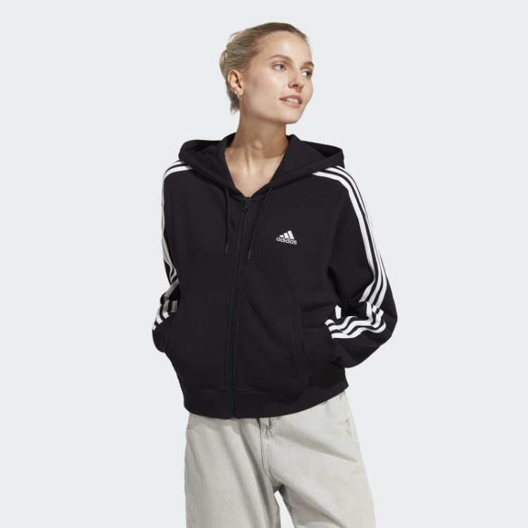 Essentials 3 Stripes French Terry Bomber Com Capuz E Zíper Completo Preto Adidas