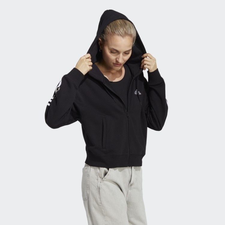 Essentials 3 Stripes French Terry Bomber Com Capuz E Zíper Completo Preto Adidas