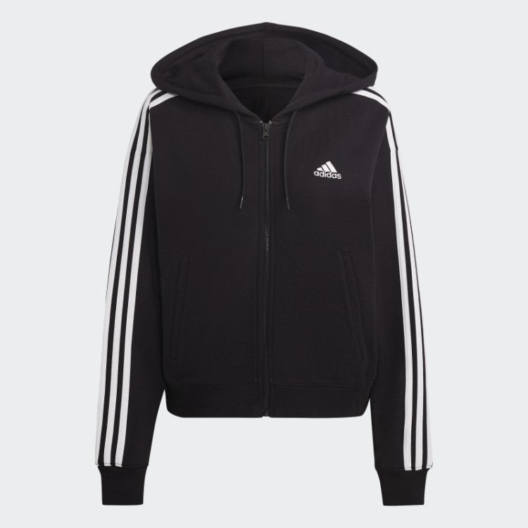 Essentials 3 Stripes French Terry Bomber Com Capuz E Zíper Completo Preto Adidas