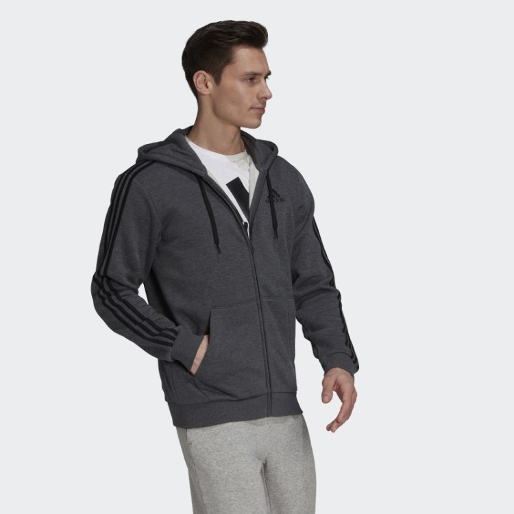 Moletom Com Capuz E Zíper Completo Adidas Cinza Escuro Urze Essencial Com As Três Listras