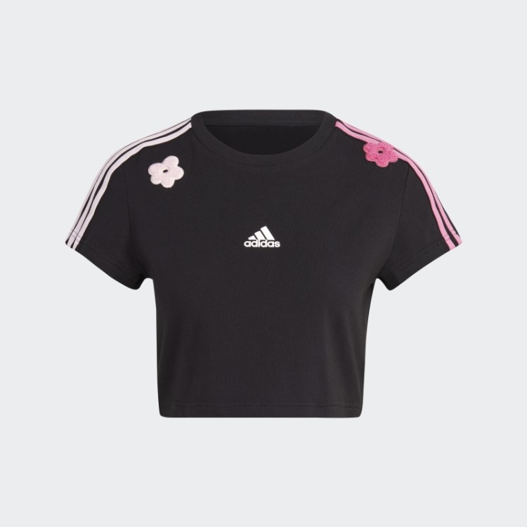 Camiseta Preta Adidas Com As Três Listras E Apliques De Flores Em Chenille