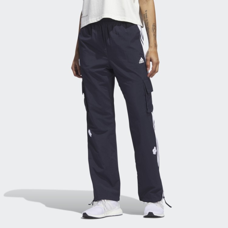 Calça Cargo Adidas Com As Três Listras E Estampas De Flores Em Chenille