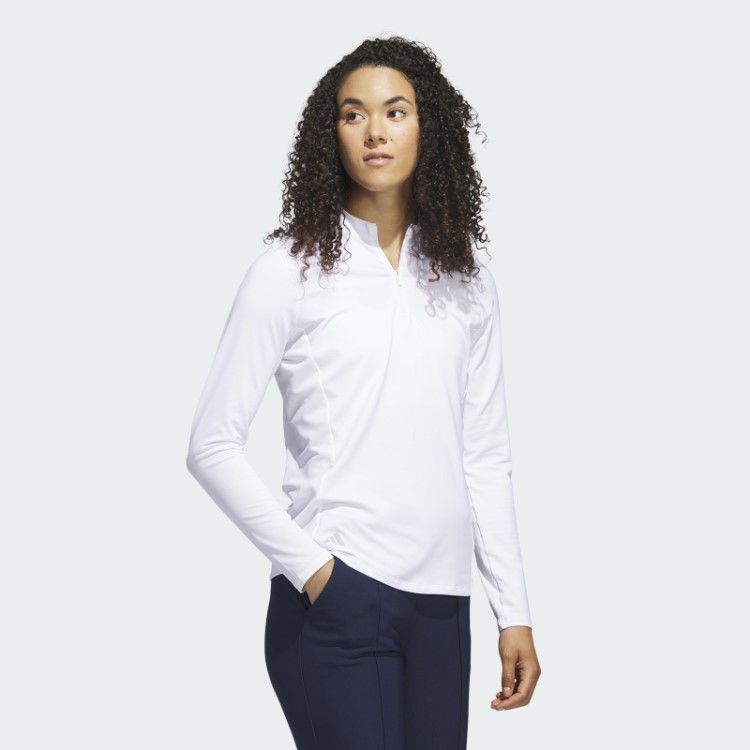 Camisa Pólo De Golfe De Manga Comprida Com Zíper Branco Adidas