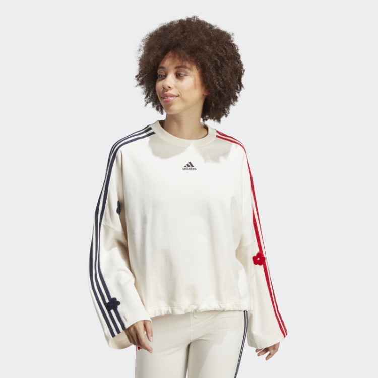 Moletom Branco Com As Três Listras Da Adidas E Apliques De Flores Em Chenille