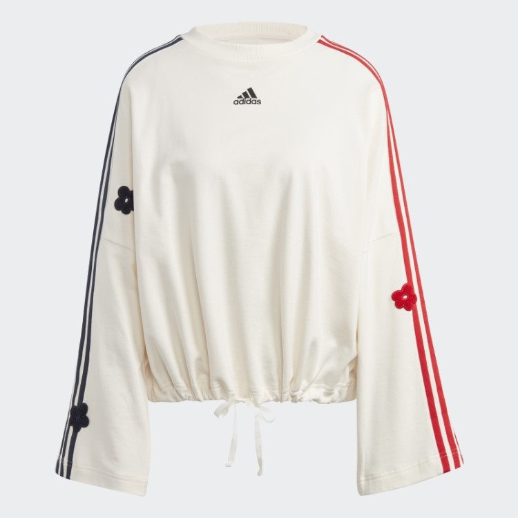 Moletom Branco Com As Três Listras Da Adidas E Apliques De Flores Em Chenille