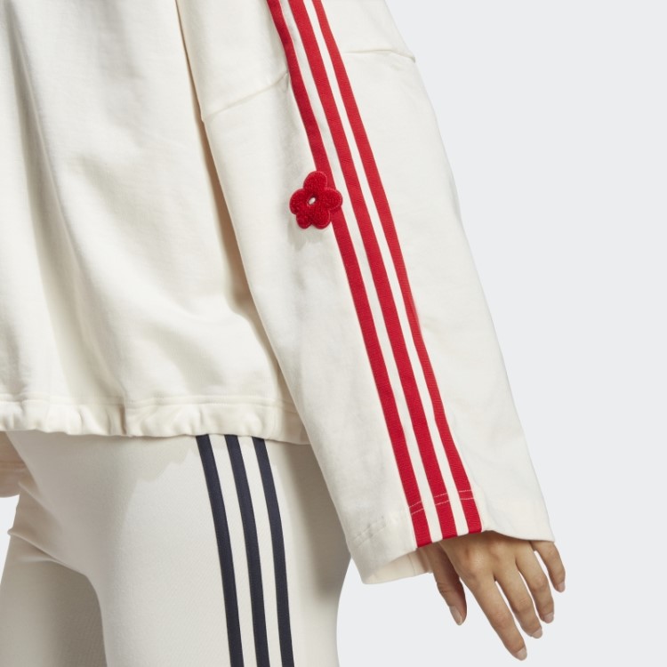 Moletom Branco Com As Três Listras Da Adidas E Apliques De Flores Em Chenille