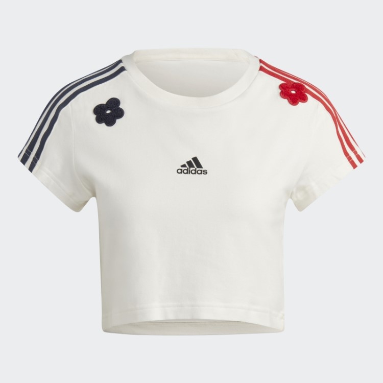 Camiseta Cropped Branca Com As Três Listras E Apliques De Flores Em Chenille Adidas