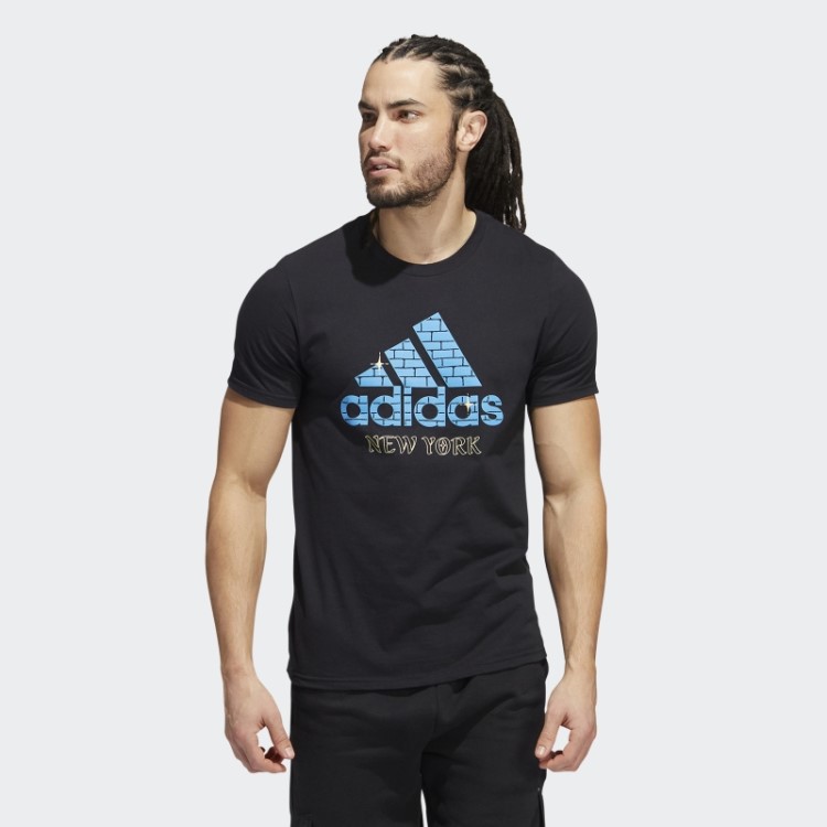 Adidas Camiseta Preta Com Estampa De Logo New York Manga Curta