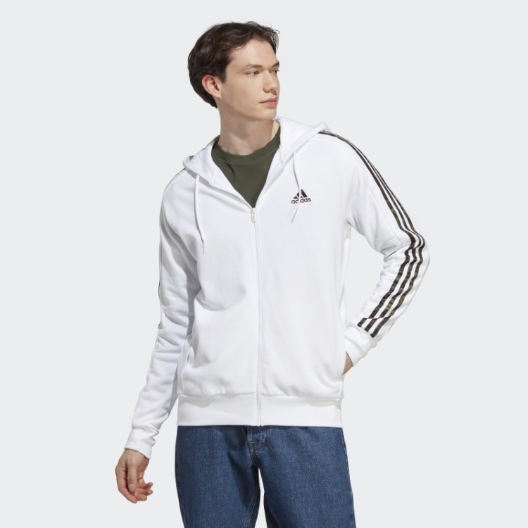 Hot Adidas Essentials French Terry 3 Stripes Moletom Com Zíper Completo Branco