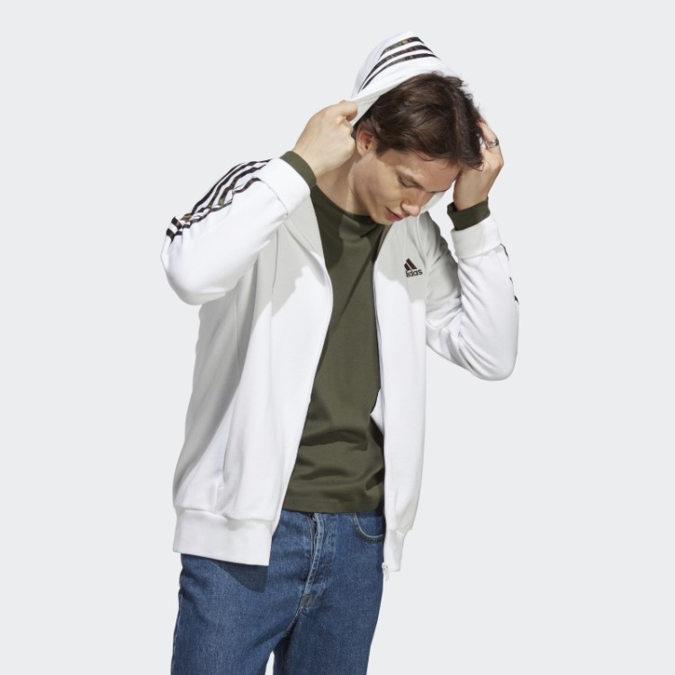 Hot Adidas Essentials French Terry 3 Stripes Moletom Com Zíper Completo Branco