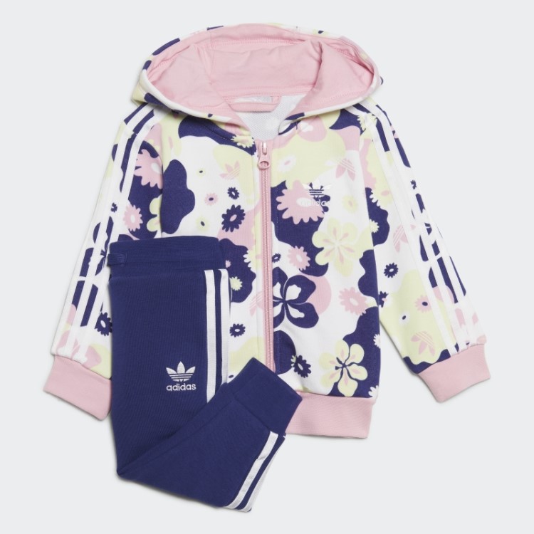 Conjunto De Moletom Branco Com Estampa De Flores E Zíper Da Adidas