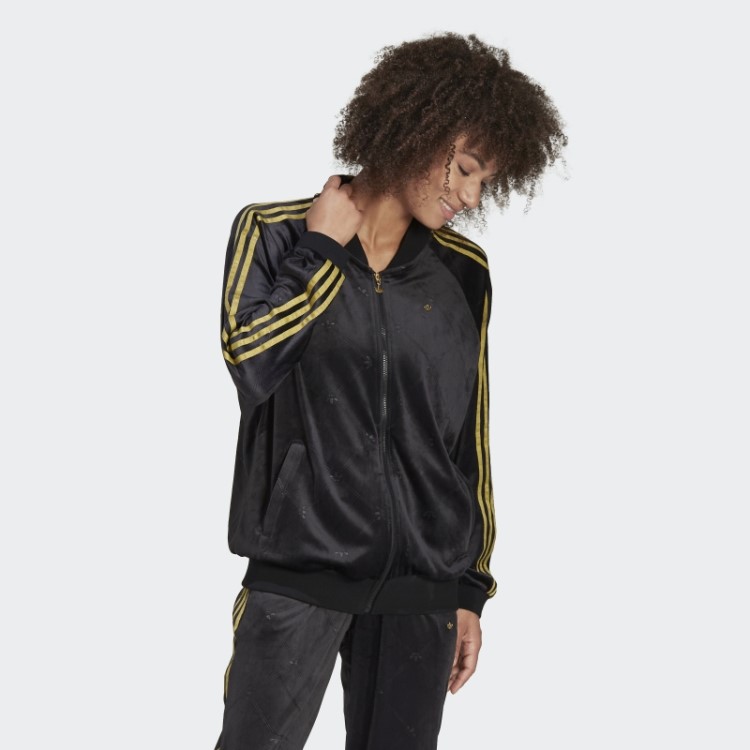 Jaqueta Em Veludo Com Monograma Adidas Originals Em Relevo Preto Quente