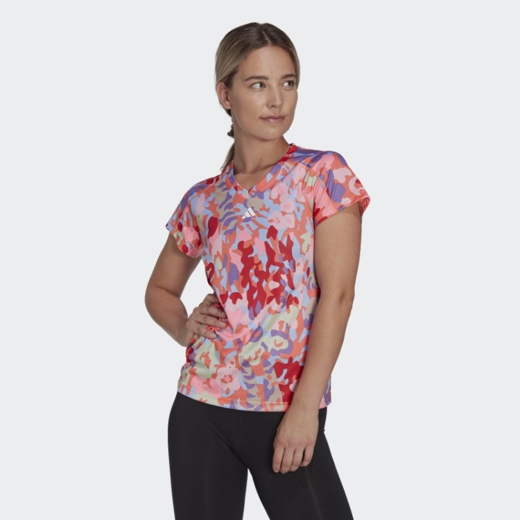 Camiseta Coral Aeroready Train Essentials Minimal Branding Decote Em V Com Estampa Floral Adidas