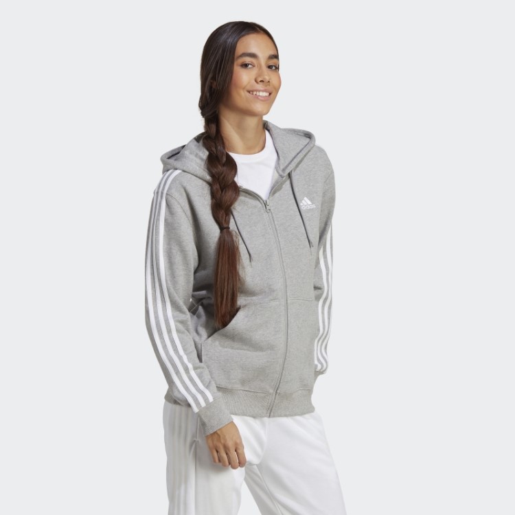 Moletom Com Capuz Regular Cinza Médio Com As Três Listras French Terry Regular E Zíper Adidas