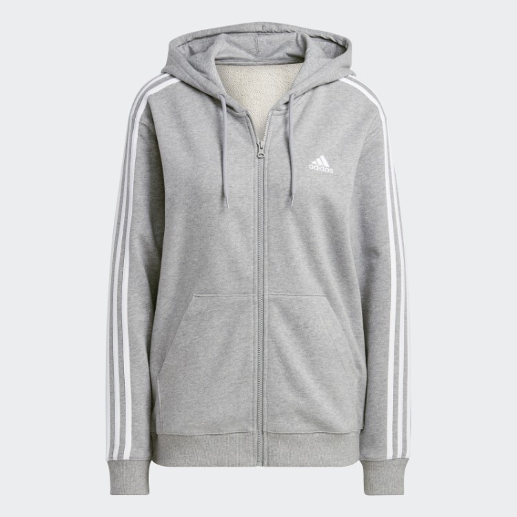 Moletom Com Capuz Regular Cinza Médio Com As Três Listras French Terry Regular E Zíper Adidas