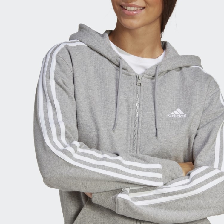 Moletom Com Capuz Regular Cinza Médio Com As Três Listras French Terry Regular E Zíper Adidas
